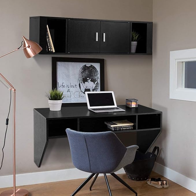 Computer Floating, Home Office Working, 42.5” Laptop Table Writing w/Storage Shelves, Modern Console Media Cabinet Wall Mounted Desk Hutch, Black - LeafyLoom