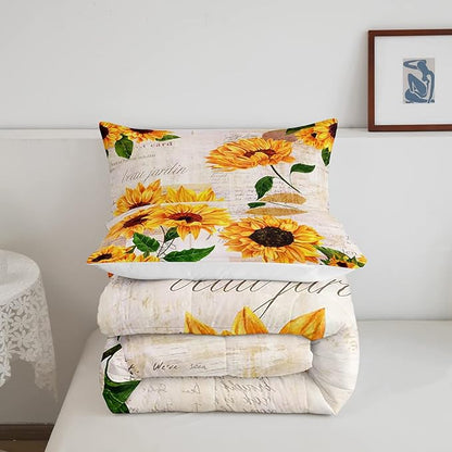 Girls Sunflowers Comforter Set Twin Size Retro Yellow Sunflower Bedding Set for Kids Teens Women Botanical Flowers Duvet Insert Vintage Floral Letters Down Comforter Kids Bedding Set, 2 Pieces - LeafyLoom