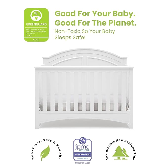 Delta Children Perry 6-in-1 Convertible Crib - Greenguard Gold Certified, Bianca White + Simmons Kids Radiant Sky Dual Sided Baby Crib Mattress and Toddler Mattress (Bundle) - LeafyLoom