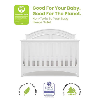 Delta Children Perry 6-in-1 Convertible Crib - Greenguard Gold Certified, Bianca White + Simmons Kids Radiant Sky Dual Sided Baby Crib Mattress and Toddler Mattress (Bundle) - LeafyLoom