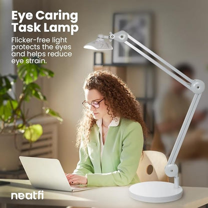 Neatfi XL 2,200 Lumens LED Task Lamp, 24W Super Bright Desk Lamp, 117 Pcs SMD LED, 4 Level Brightness, Dimmable, Task LED Light for Home, Office, Workbench (Non-CCT with Base, White) - LeafyLoom