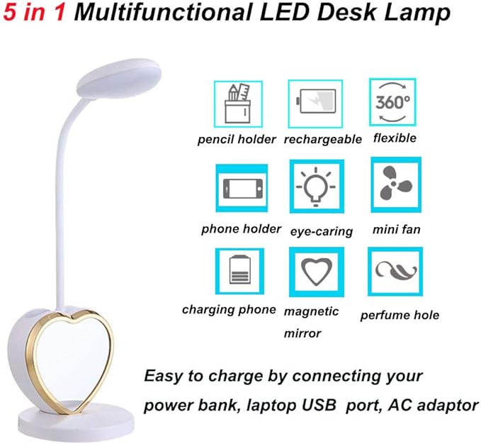 White Desk Lamp for Girls, 5 in 1 Cute Desk Lamp with Pencil Holder, Detachable Mirror, Mini Fan, Phone Holder, USB Charging Port, Eye-Caring Study Table Lamp for Teens Girls Women Dorm Reading - LeafyLoom