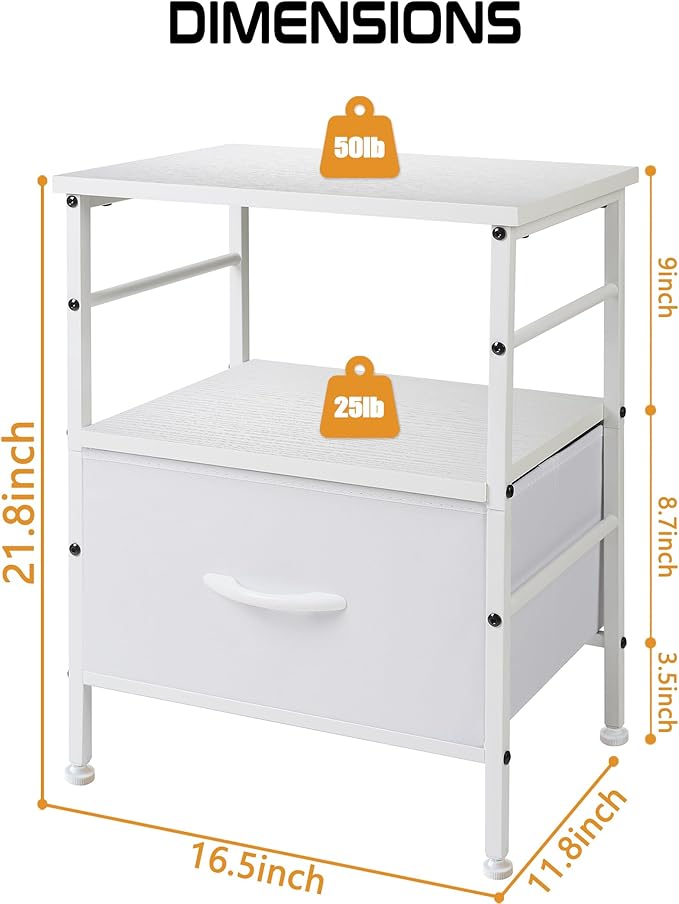 Nightstand,Bedside Tables with Fabric Storage Drawer and Open Wood Shelf,Bedside Furniture,Mesa de Noche with Drawers,Side Table for Bed Frame, Bedroom,Closet,Dorm,White - LeafyLoom