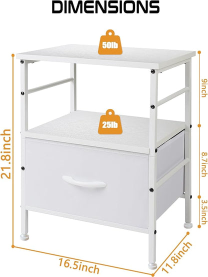 Nightstand,Bedside Tables with Fabric Storage Drawer and Open Wood Shelf,Bedside Furniture,Mesa de Noche with Drawers,Side Table for Bed Frame, Bedroom,Closet,Dorm,White - LeafyLoom