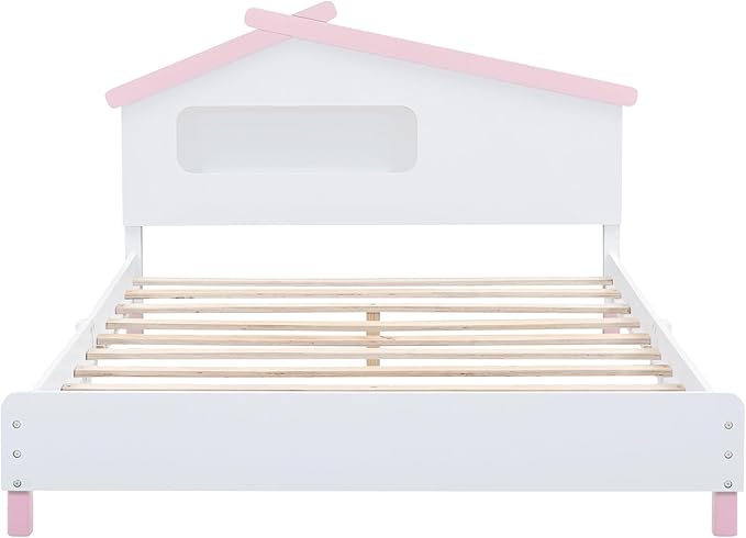 Bellemave Full Size Platform Bed with House-Shaped Headboard and Motion Activated Night Lights,Wood Twin Kids Bed Frame for Girls,Boys(Twin,Pink) - LeafyLoom