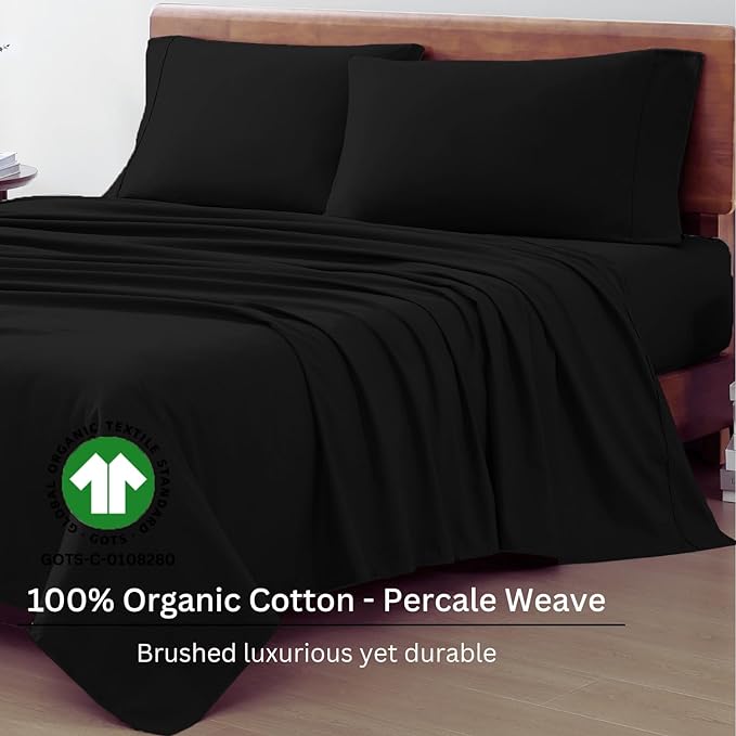 LANE LINEN 100% Organic Cotton Twin XL Sheets Set, 3-Piece Pure Organic Cotton Percale Sheets, Cotton Bedsheets, Ultra Soft Bedding Sheets, Breathable, Fits Mattress Upto 15" Deep - Black - LeafyLoom