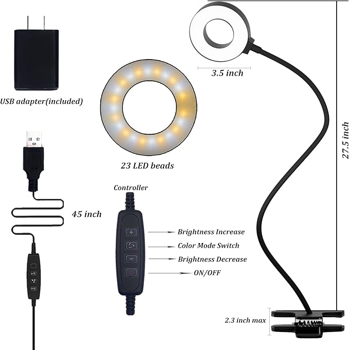 KBG Desk Lamp Clip on Light, 3 Color Modes & 10 Brightness Flexible Gooseneck Desk Lamp, Eye Protection Desk Light for Kids Reading Book in Bed at Night Clip on Table, Computer, Zoom Meetings - LeafyLoom