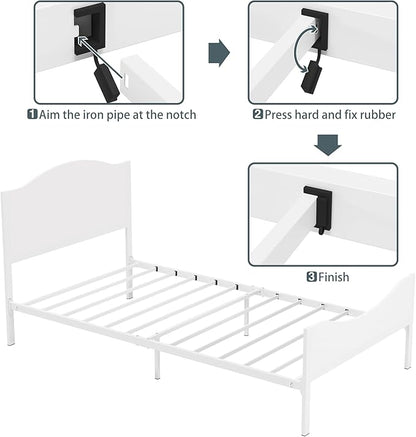 Timy Kids Twin Bed Frame with Wooden Headboard and Footboard, Metal Platform Bed Frame for Boys Girls Teens Adults, Modern Kids Bed Furniture, No Box Spring Needed, White - LeafyLoom