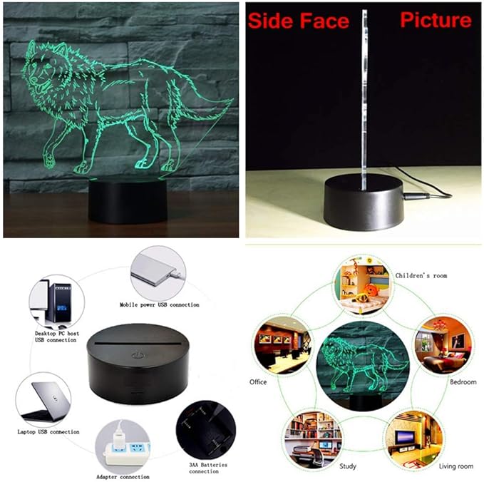 3D Illusion Animal Wolf Optical Night Light 7 LED Color Changing Desk Table Lamp Acrylic Flat Painted Image for Kiddie Kids Children Family Home Office Childrenroom Theme Decoration - LeafyLoom