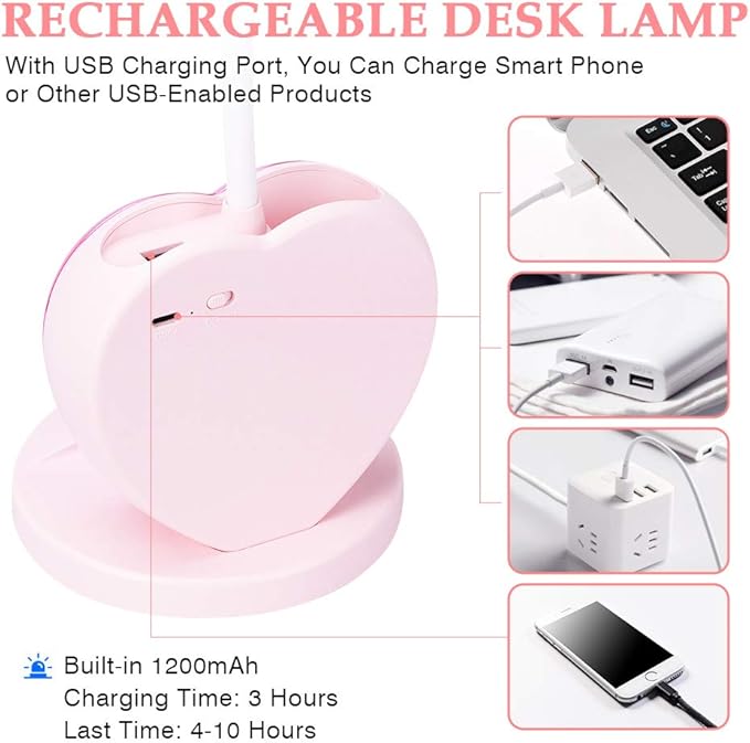 LED Desk Lamp, Cute Pink Desk Lamp with USB Charging Port/Pen Holder and Phone Stand, Touch Control Reading Lamp with 2 Color Modes,Eye-Caring Study Table Lamp for Kids Girls College Dorm Bedroom - LeafyLoom