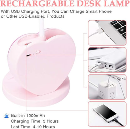 LED Desk Lamp, Cute Pink Desk Lamp with USB Charging Port/Pen Holder and Phone Stand, Touch Control Reading Lamp with 2 Color Modes,Eye-Caring Study Table Lamp for Kids Girls College Dorm Bedroom - LeafyLoom