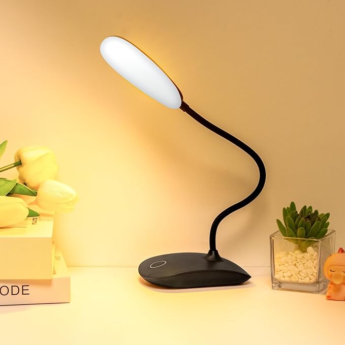 Battery Powered Desk Lamp, Portable Lamps Rechargeable 3 Color Modes Touch Control Stepless Dimming, Wireless Desk Lamp with 2000mAh, Small LED Table Light for Dorm Study Office Bedroom,Black - LeafyLoom