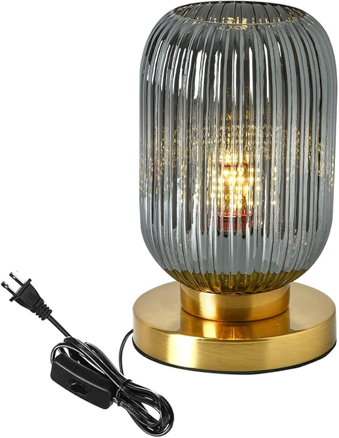 Bedside Table Lamp Mid Century Glass Table Lamps Modern Globe Table lamp Gold Desk lamp nightstand lamp with Pumpkin Design with Ribbed Glass Shade for Bedroom Living Room Office (Smoke gray) - LeafyLoom