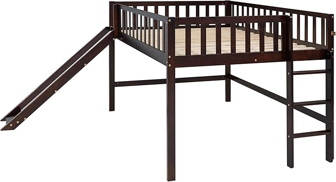 Merax Kids Wood Full Low Loft Bed with Ladder and Slide, Junior Loft Bunk Bed for Boys, Girls,No Box Spring Needed, Espresso - LeafyLoom