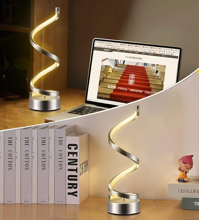 ELINKUME Spiral LED Table Lamp with Remote Control, Three Color Dimmable Bedside Lamp with Timer, 2 Lighting Modes, Modern Minimalist Design Desk Lamp,Suitable for Living Room,Bedroom and Desk(Silver) - LeafyLoom