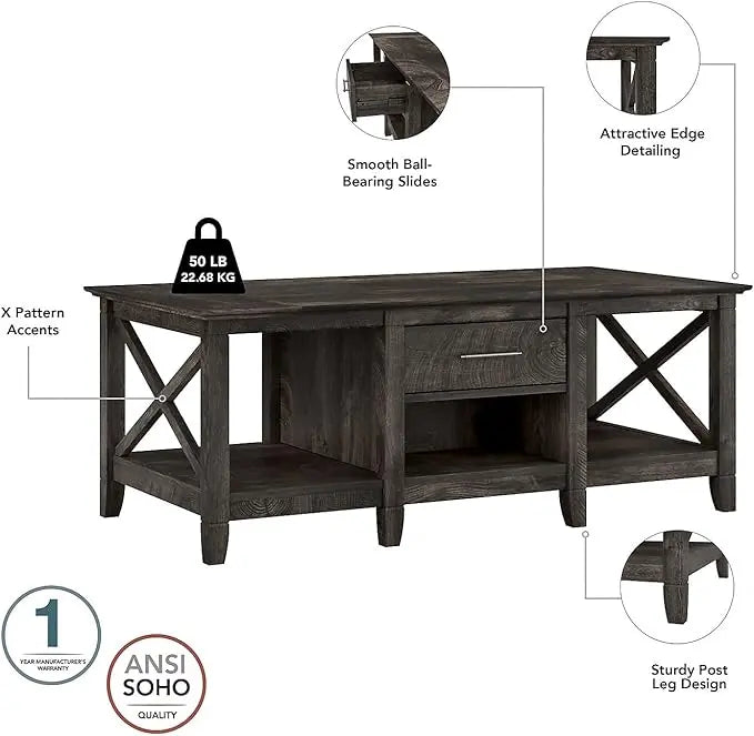 Bush Furniture Key West 47-Inch x 24-Inch Coffee Table, Dark Gray Hickory (KWT148GH-03) - LeafyLoom