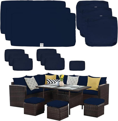 ClawsCover 13Pack Outdoor Seat and Back Cushions Replacement Covers Fit for 7Pieces Wicker Rattan Patio Furniture Set Sectional Couch with Dining Table and Ottoman,Navy-Include Cover Only - LeafyLoom