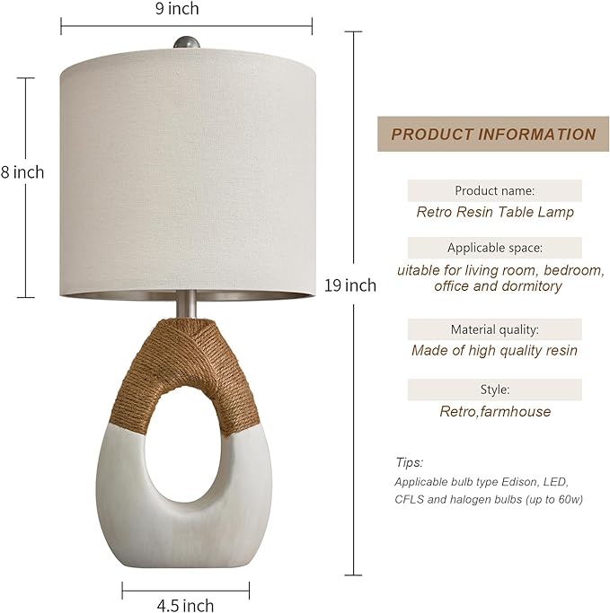 OYEARS 19” Boho Table Lamps Bedroom Living Room Small Farmhouse Rattan Lamp Rustic Egg Design Resin Nightstand Bedside Lamps for Bedroom Living Room Office Study Rest Decor - LeafyLoom