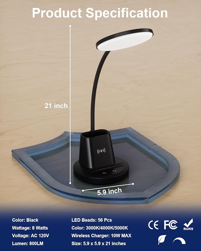 hansang LED Desk Lamp for Home Office with Wireless Charger, 3 Color Modes, Stepless Dimmable, Touch Control Black Study Lamp with Pen Holder for College Dorm Room, CRI 90, 800 Lumen, Adapter Included - LeafyLoom