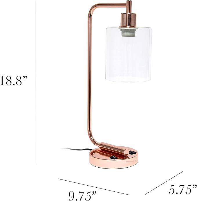 Simple Designs LD1066-RGD-LB Industrial Vintage Bronson Iron Lantern Desk Table Lamp with USB Port and Glass Cylinder Shade for Office, Living Room, Bedroom, Rose Gold, with Feit LED Bulb Included - LeafyLoom