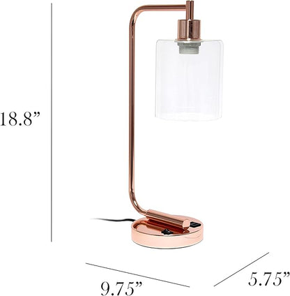 Simple Designs LD1066-RGD-LB Industrial Vintage Bronson Iron Lantern Desk Table Lamp with USB Port and Glass Cylinder Shade for Office, Living Room, Bedroom, Rose Gold, with Feit LED Bulb Included - LeafyLoom