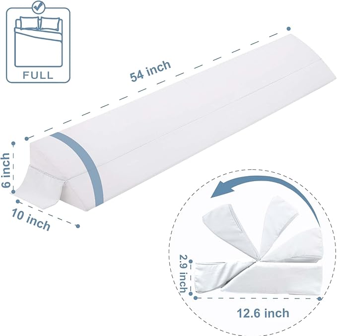 Limthe Full Bed Wedge Pillow Stopper,Bed Gap Filler (0-7"),Headboard Pillow,Mattress Gap Cover,Adjustable Foam Wedge Pillow Fill Gap Between Headboard/Wall and Mattress, (White 54"x10"x6") - LeafyLoom