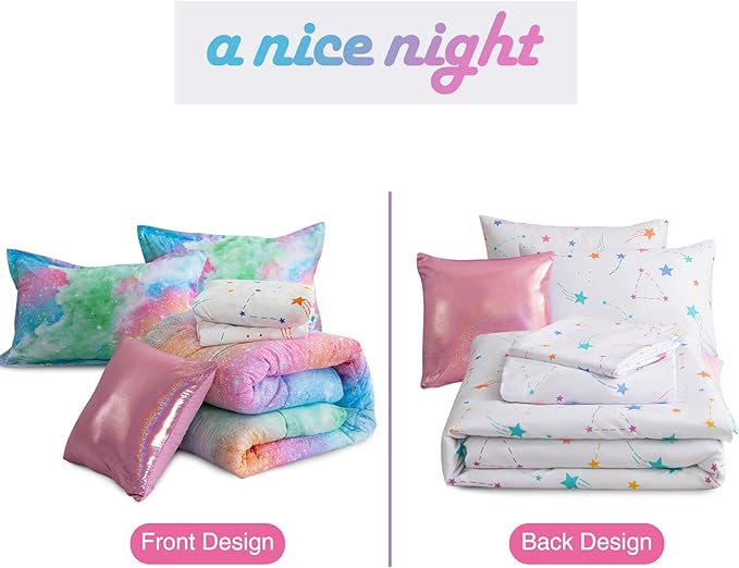 A Nice Night Galaxy 6pcs Kids Bed in a Bag Outer Space Comforter 3D Printed Space Quilt Set Glitter Pink Green Color,for Children Boy Girl Teen Kids,Twin - LeafyLoom