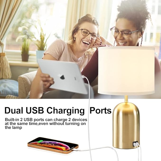 Bedside Lamp with USB Port, Touch Control Table Lamp for Bedroom 3 Way Dimmable Modern Nightstand Lamp with Fabric Shade Gold Base for Living Room, Dorm, Home Office, LED Bulb Included - LeafyLoom