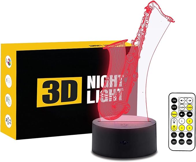 Music Instruments Saxophone 3D Optical Illusion Lamp 7 Colors Change Timing Remote Control and Touch Button Children Kids Bedside Table LED Night Light - LeafyLoom