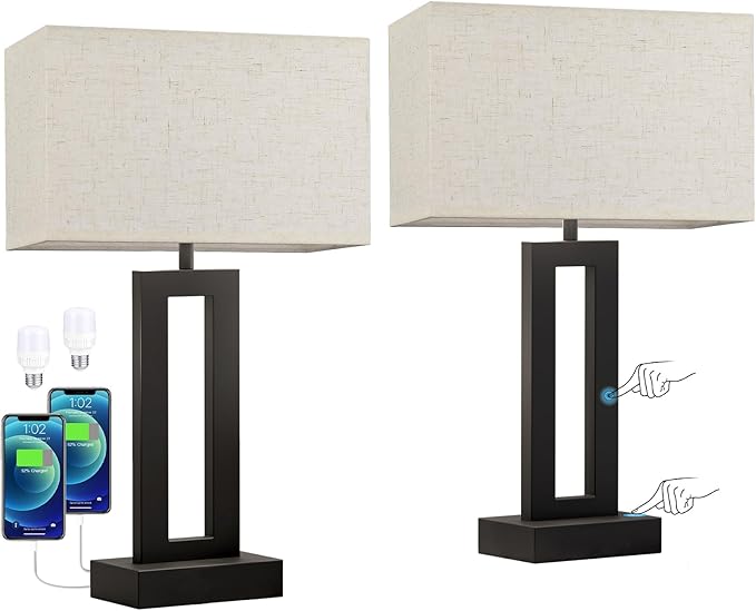 Nightstand Table Lamps for Bedrooms Set of 2 - Touch Bedside Lamp with USB C+A, 3 Way Dimmable Living Room Lamps for End Tables Set of 2, Modern Night Stand Lamps for Bed Side Guest Room(Cream) - LeafyLoom