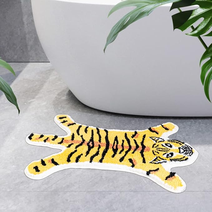 Tiger Shaped Bath Mat for Bathroom Cute Animals Yellow Tiger Cartoon Bath Rug Non-Slip Absorbent Bathtub Rug for Bathroom Tub Door Mat Soft Bathmat Home Decor - LeafyLoom