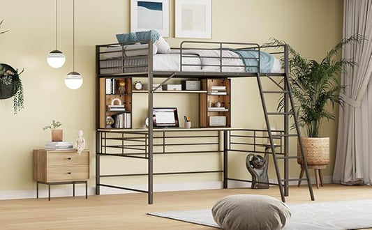 RITSU Full Size Loft Bed with Desk and Storage Shelves, Metal BedFrame,w/Ladder & Fenced Around Guardrails, Easy Assembly, for Adults, Kids, Teens, Black - LeafyLoom