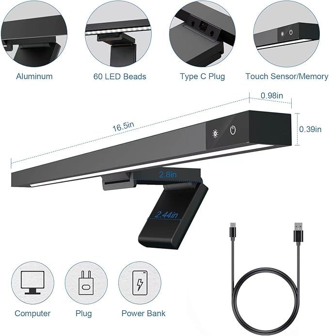 Computer Monitor Light Bar: Flat/Curved Monitor Screen Bar LED Lamp for Eye Caring/Space Saving 16.5 inch USB Powered Desk Lamp with Dimming for Home Office Gaming - LeafyLoom