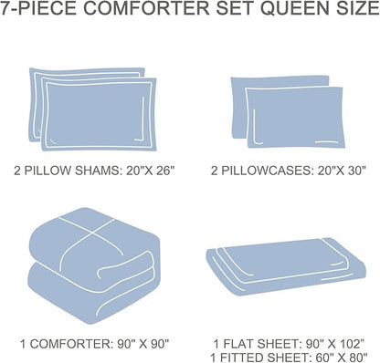 EMME Queen Comforter Set - 7 Pcs Blue Boho Bedding Sets, Full Size Tufted Comforter with Sheets, Shabby Chic Embroidery Queen Bed Set Fluffy Bed Bag for All Season(90"X90") - LeafyLoom