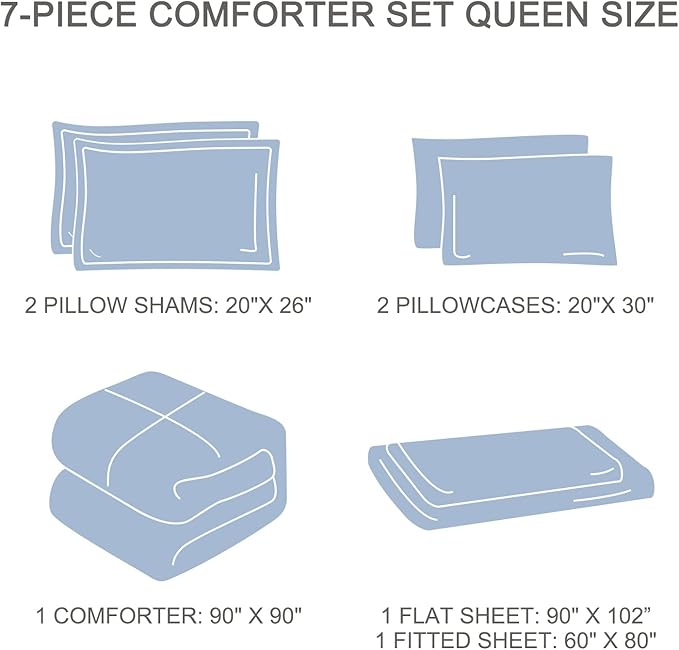 EMME Queen Comforter Set - 7 Pcs White Boho Bedding Sets, Full Size Tufted Comforter with Sheets, Shabby Chic Embroidery Bed Set Fluffy Bed Bag for All Season(90"X90") - LeafyLoom