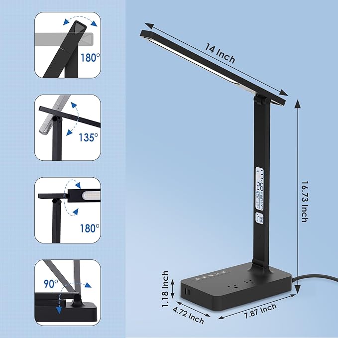 Desk Lamp with USB Charging Port: LED Eye-Caring Smart Table light for Home Office - 1 Type-C, 1 USB-A Charging Port, 2 AC Power Outlets. - LeafyLoom