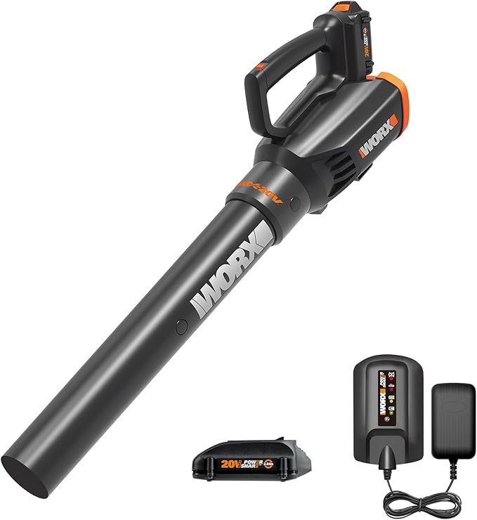 Worx 20V Cordless Leaf Blower WG547, Electric Blower, Powerful Turbine Fan Technology, 2-Speed Control, for One-Hand Operation, PowerShare – 1pc 2.0 Ah Battery and 1pc 0.4 A Charger Included - LeafyLoom