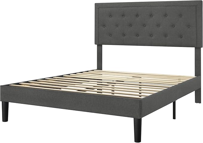 Allewie Full Size Button Tufted Platform Bed Frame/Fabric Upholstered Bed Frame with Adjustable Headboard/Wood Slat Support/Mattress Foundation/Dark Grey (Full) - LeafyLoom