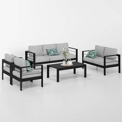 Solaste Aluminum Patio Furniture Set,5 Pieces Modern Outdoor Conversation Set Sectional Sofa with Upgrade Cushion and Coffee Table,Black Frame and Grey Cushion - LeafyLoom