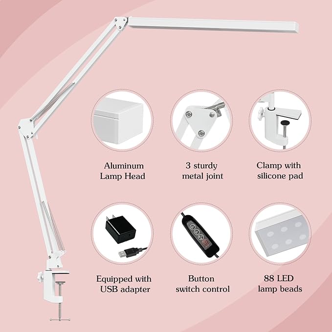 LED Desk Lamp, Manicure Table Lamp, 16" Lamp Head, Dimmable Eye-Caring Drafting Light with 3 Color Modes, 10 Brightness Levels & Adapter, Memory Function(White) - LeafyLoom