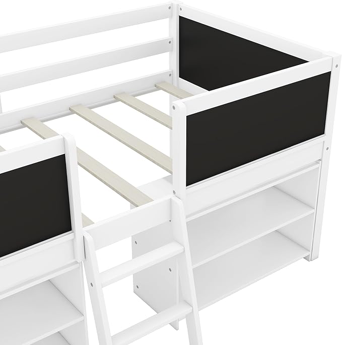 Twin Size Low loft Bed with Movable Shelves for Kids,Kids Low Loft Bed Frame with Guardrail Chalkboard and Storage,Solid Wood Loft Bed Twin for Boys,Girls (White) - LeafyLoom