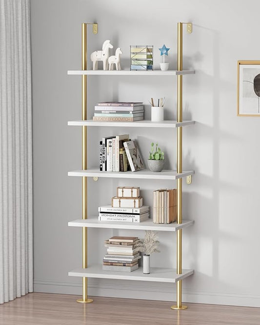 Ladder Shelf Bookcase 5 Tier, Extra Sturdy Modern Bookshelf Wall Mounted, Tall Standing Open Shelf White and Gold, Industrial Metal Frame with Wooden Shelf - LeafyLoom