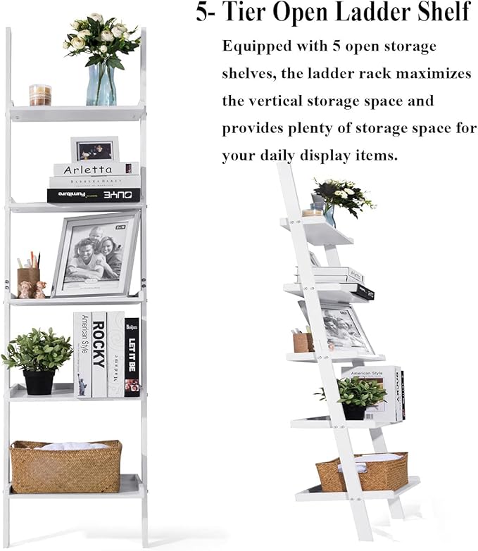 HYNAWIN Ladder Shelf 5-Tier Bookshelf –Bamboo Storage Rack Shelves Wall Leaning Shelf,White Freestanding Plant Flower Stand, Corner Display Bookcase - LeafyLoom