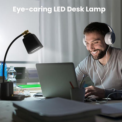 LED Desk Lamp with 2 USB Charging Port, 2 Pen Holders 3 Color Modes Dimmable Reading Light Desk Light, LED Small Desk Lamp Flexible Gooseneck Touch Table Lamp for Bedside Office Home, AC Adapter - LeafyLoom