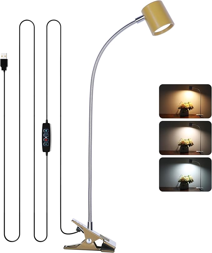 Dott Arts Desk Lamp,USB Clip On Light with 3 Color Modes,LED 10 Levels Brightness Reading Lamp, 360° Gooseneck Book Light,Eye-Care Reading Light for Home Office,Headboards Gold - LeafyLoom