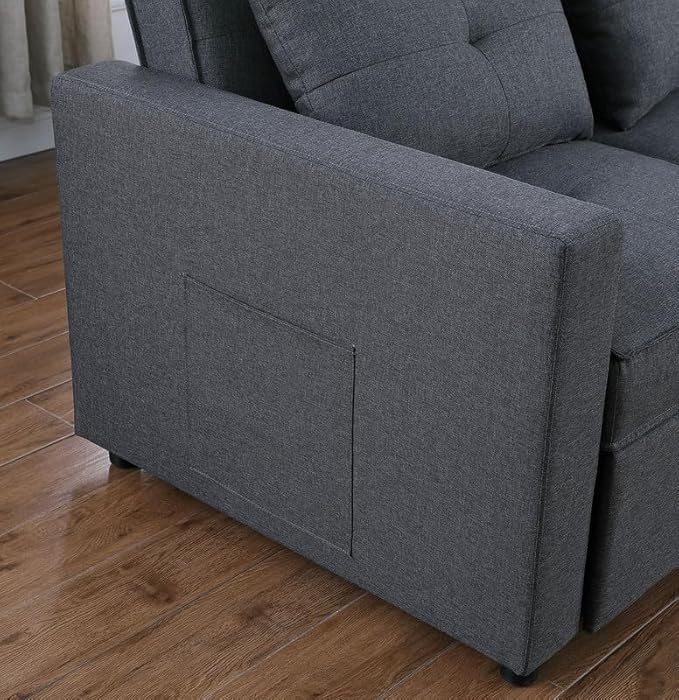 RITSU L Shaped Sectional Sofa Chaise, Pull Out Convertible Couch Bed, Storage Pockets On The Sides, Linen Upholstery, Suitable for Living Room, Apartment, Light Gray, 79.75inch - LeafyLoom