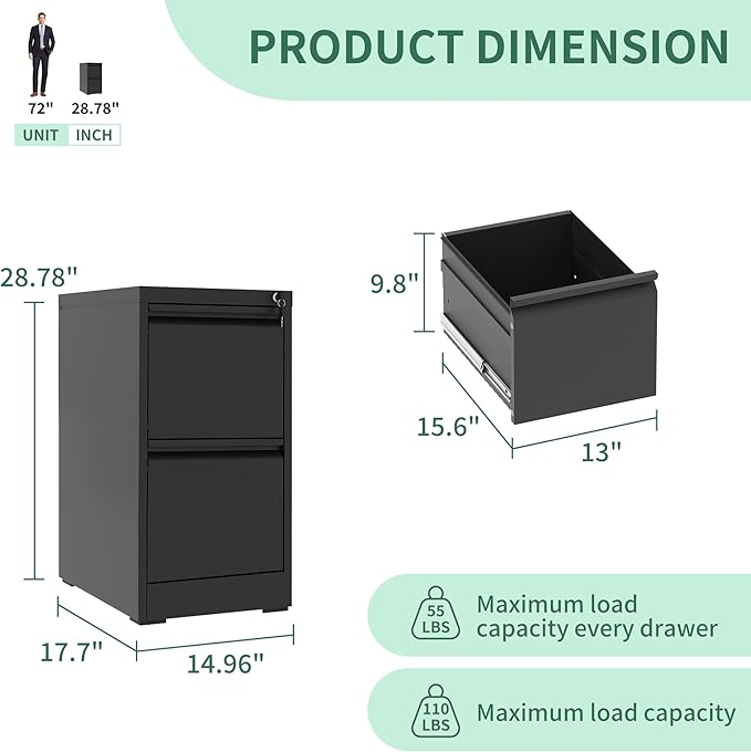 2 Drawer File Cabinet with Lock, Metal Vertical Filing Cabinets for Home Office, Steel Storage Cabinet for Hanging Legal/Letter Size Files, Assembly Required (Black) - LeafyLoom