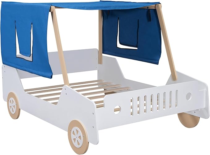 Full Size Race Jeep Car Bed Platform Bed with Tent Canopy and Wheels,Wood Bed Frame W/Raised Bed Design,for Kids Boys Girls Teens,Natural - LeafyLoom