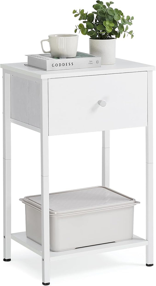 VASAGLE Nightstand, Side Table with Fabric Drawer, 24-Inch Tall End Table with Storage Shelf, Bedroom, White ULGS021W14 - LeafyLoom