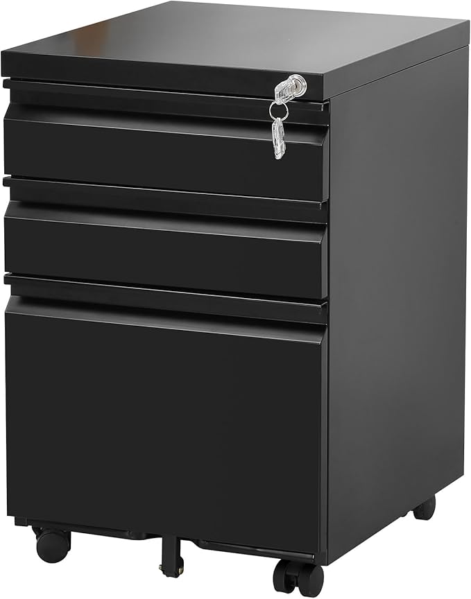 3-Drawer Mobile File Cabinets Rolling Metal Filing Cabinet for Legal & Letter File Anti-tilt Design with Lock Under Desk Office Drawers Fully Assembled Except Casters Black - LeafyLoom